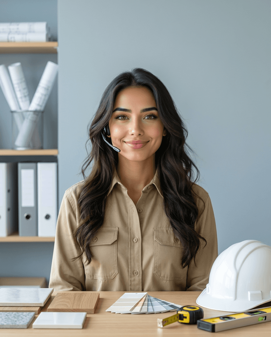 Maria on a headset at her desk, calling contractors